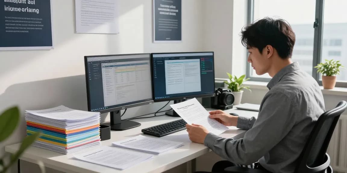 document fraud detection specialist analyzing files in a modern office workspace
