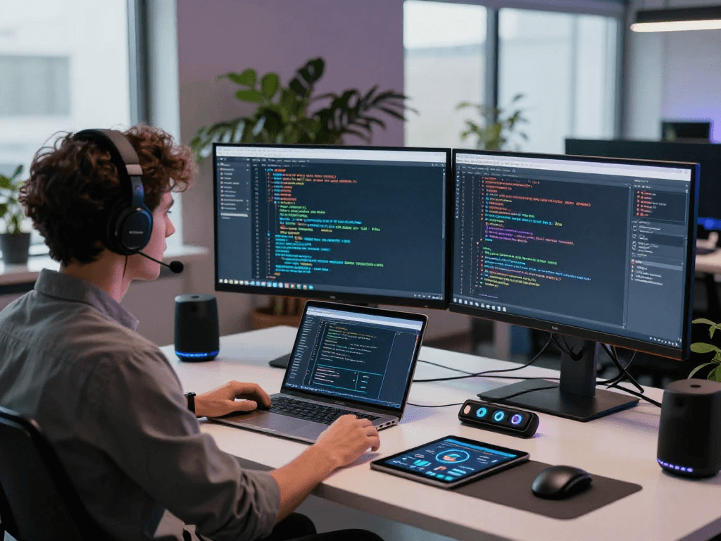 Juicy ai developer analyzing algorithms in an innovative tech workspace with ambient lighting.