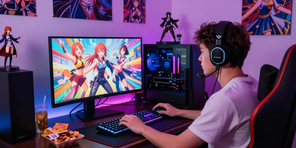 Engaged gamer playing a hentai game on a colorful gaming setup with vibrant anime graphics.