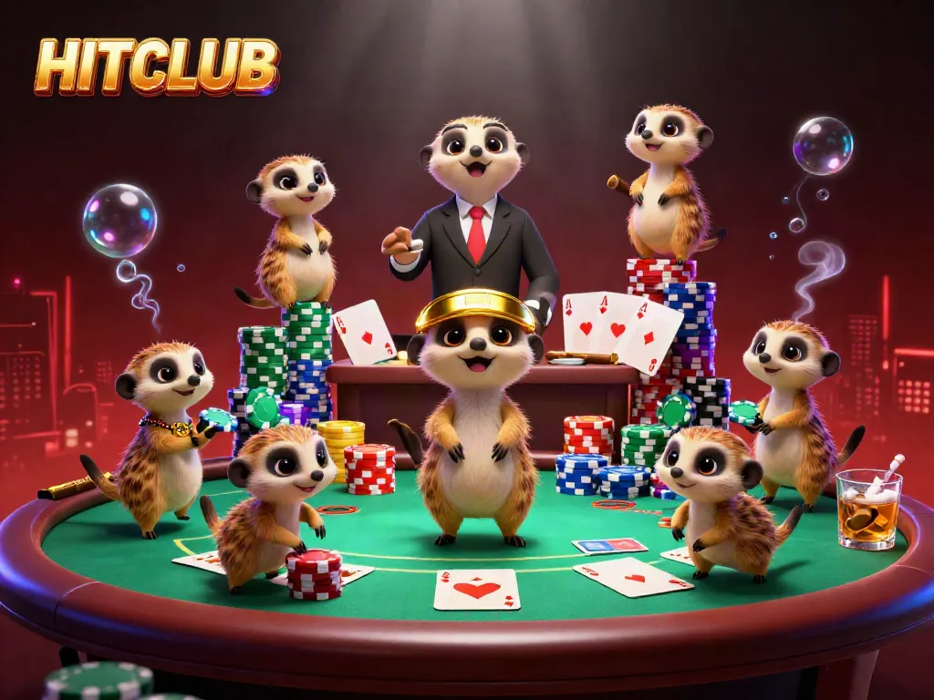 HITCLUB meerkats embodying vibrant casino excitement with dynamic games and colorful poker chips.