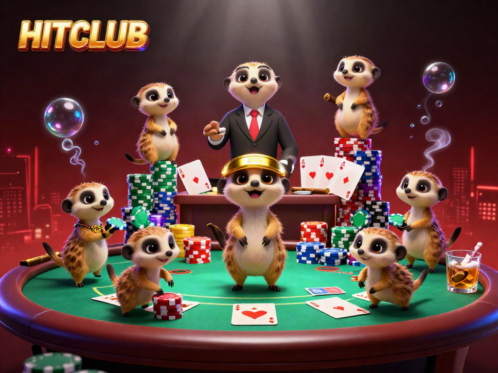 HITCLUB meerkats embodying vibrant casino excitement with dynamic games and colorful poker chips.