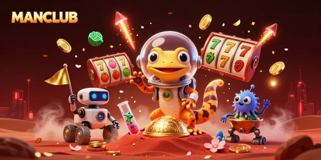 Experience MANCLUB's vibrant casino adventure with a Martian gecko amidst spinning slots.