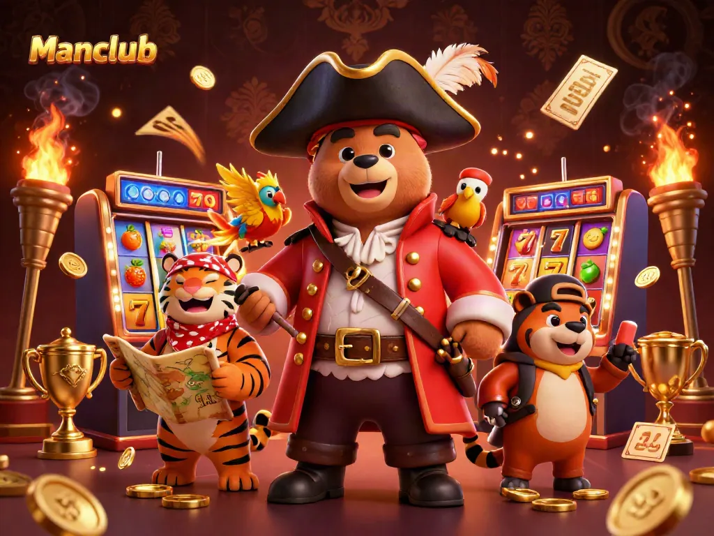 Engage in thrilling casino fun at Manclub with vibrant 3D cartoon pirates, slot reels, and golden treasures!