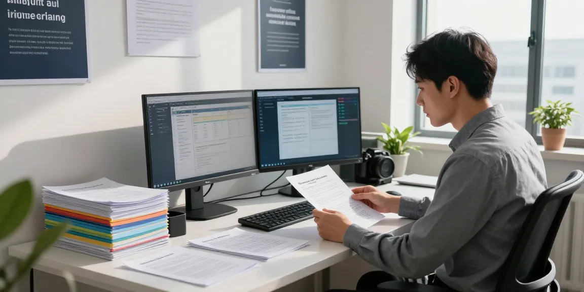 document fraud detection specialist analyzing files in a modern office workspace