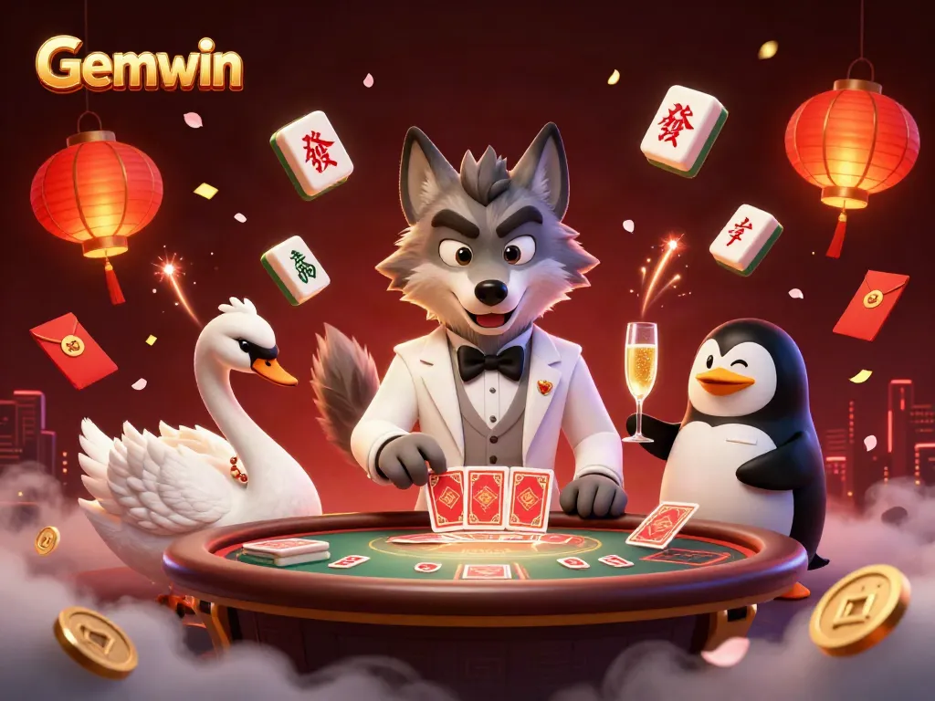 Experience the thrill of Gemwin's baccarat with a glamorous wolf, elegant swan dealer, and sophisticated penguin presenting champagne.