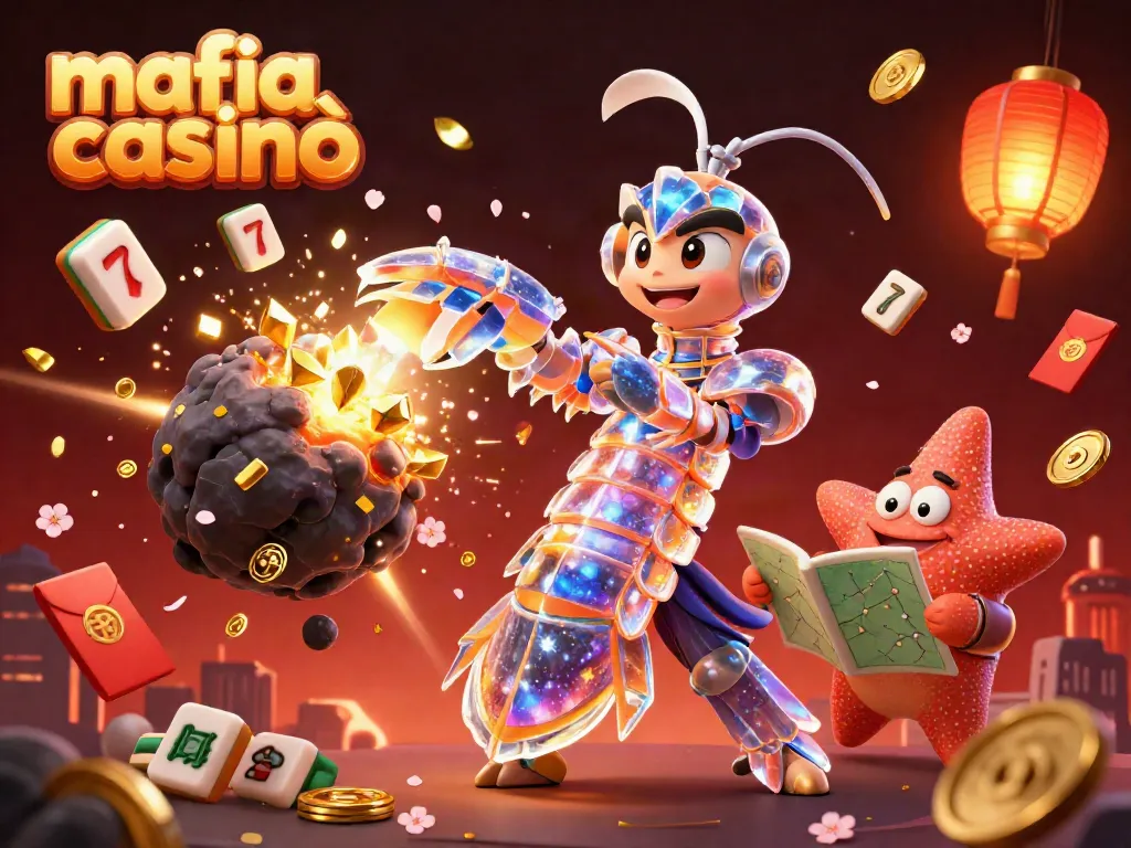 Mafia casinò themed 3D illustration showcasing vibrant casino elements and characters in dynamic action.