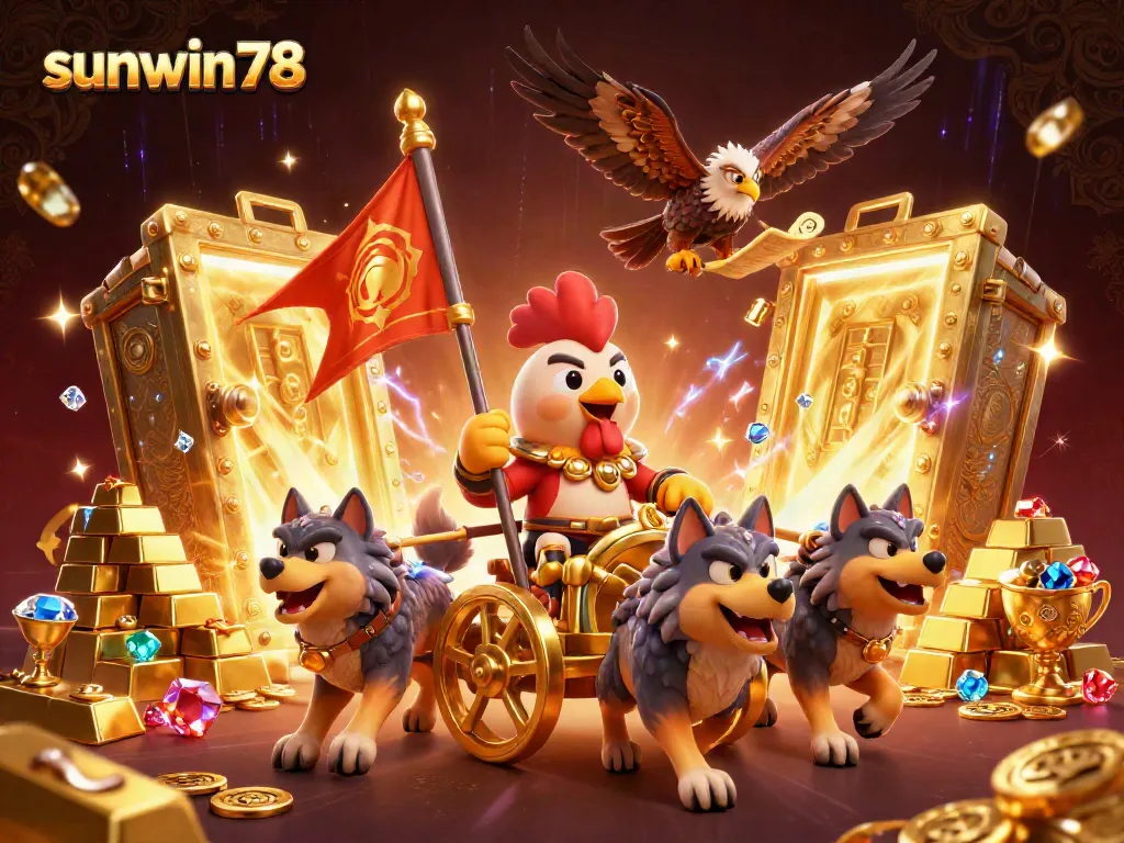 Engaging sunwin78 gaming scene with a rooster warlord and treasure vault elements.