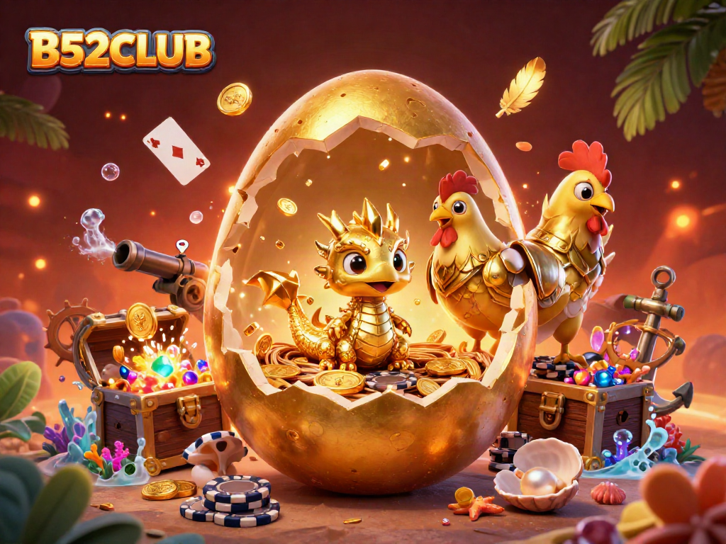 B52CLUB reveals thrilling gameplay as a golden dragon emerges from a cracking egg in a lively casino scene.