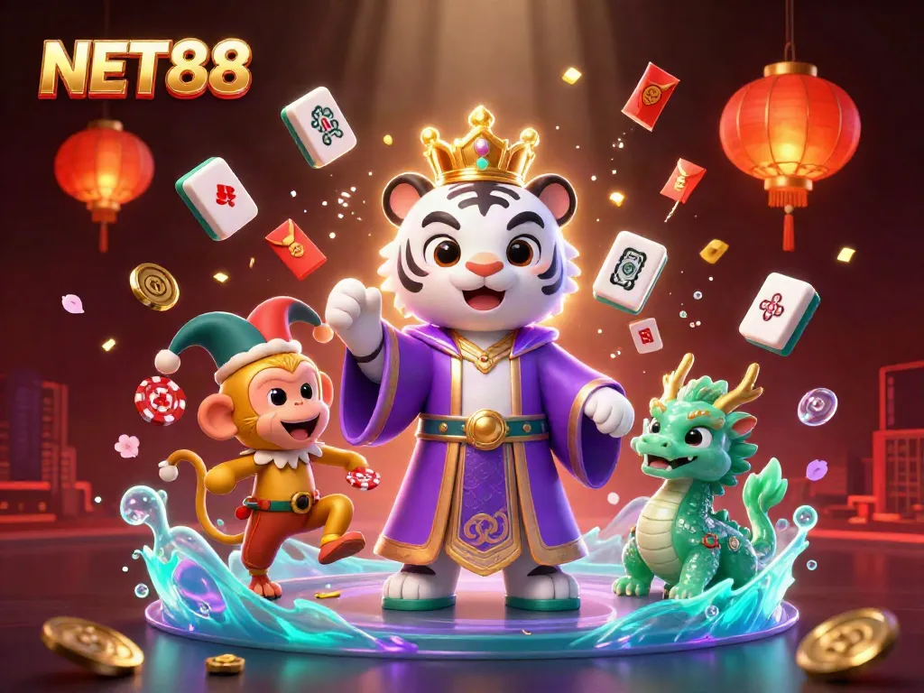 NET88 showcases a dynamic illustration with vibrant characters and casino elements in a vibrant gaming scene.