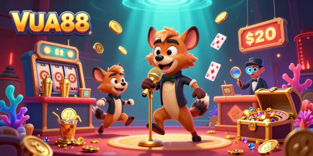 Hyenas at VUA88 casino entertain with jokes and cocktails in a vibrant, colorful atmosphere.