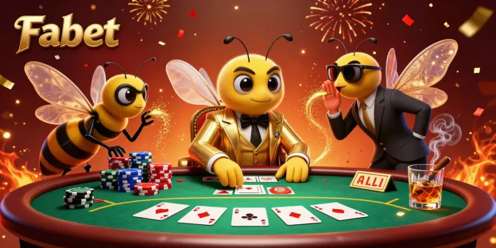 Experience the excitement of Fabet in a vibrant casino scene with a cartoon bumblebee mob boss at a poker table.
