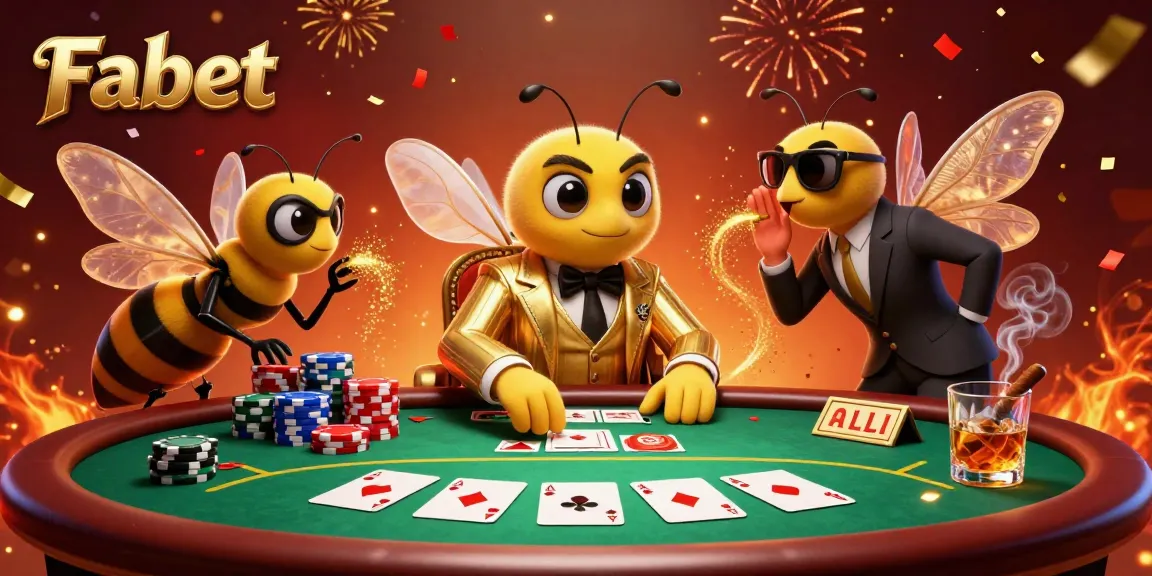 Experience the excitement of Fabet in a vibrant casino scene with a cartoon bumblebee mob boss at a poker table.
