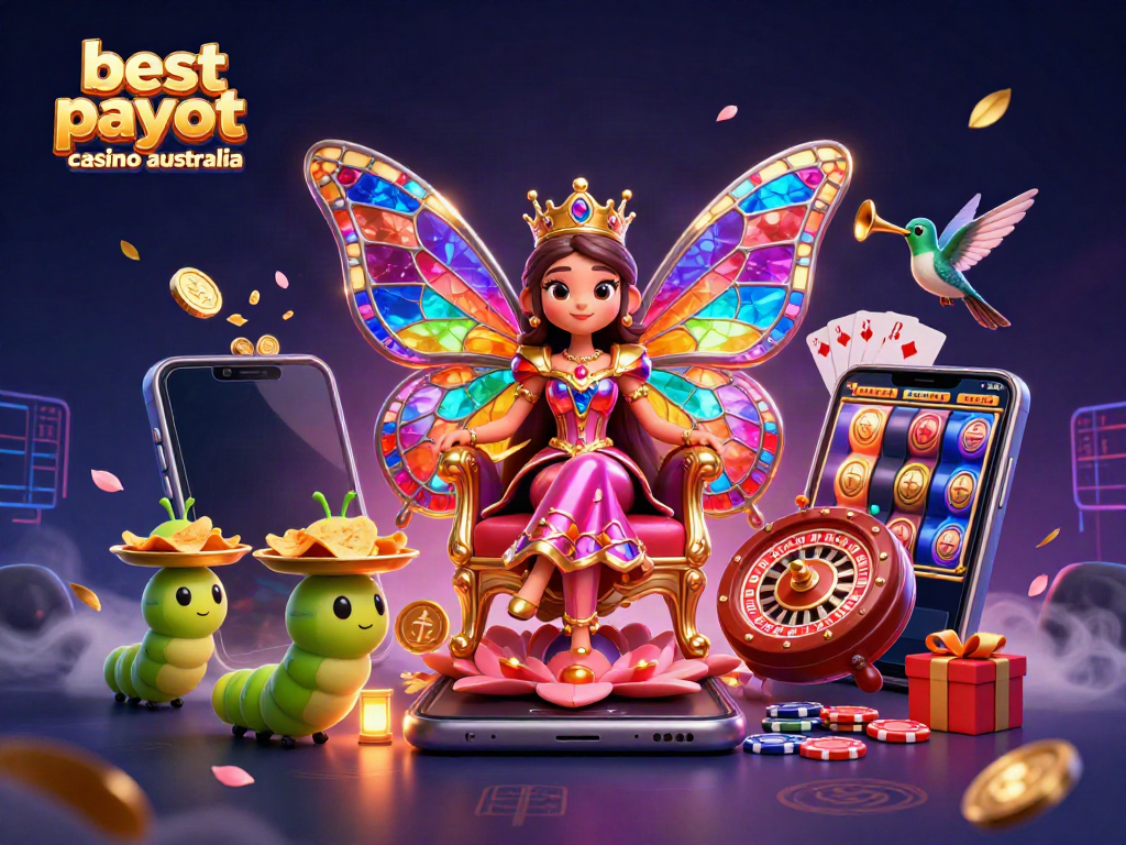 Experience vibrant gaming with the best payout casino Australia, featuring a magical butterfly queen amidst exhilarating casino elements.