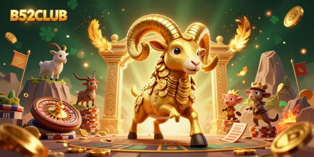 A dynamic scene showcasing the golden ram of B52CLUB charging towards a live casino with spectacular visuals.
