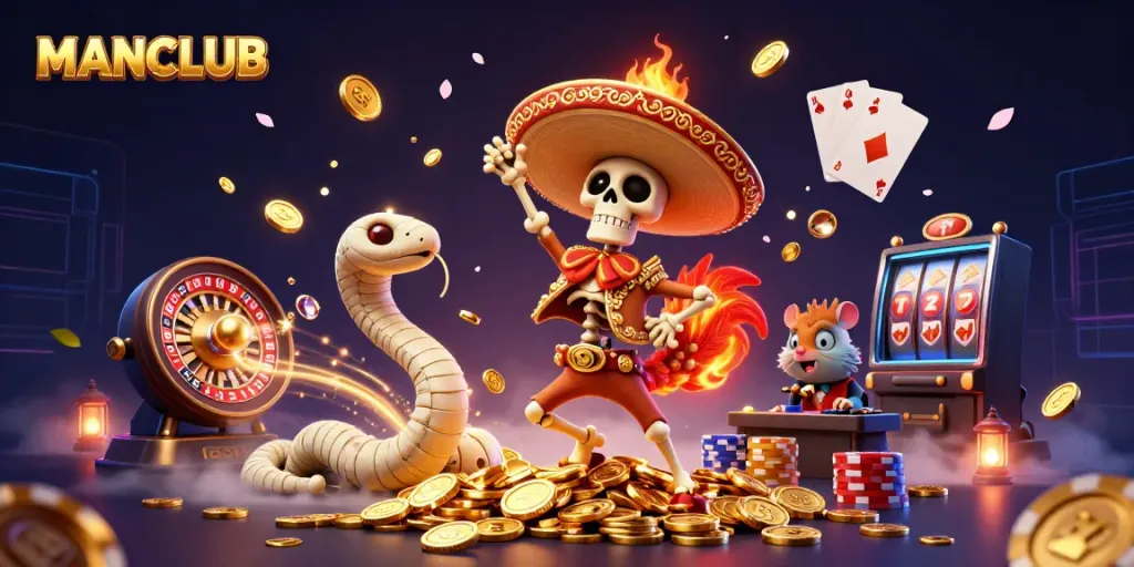 Engage with the exciting gaming world at MANCLUB featuring a lively 3D casino scene with vibrant characters and action.