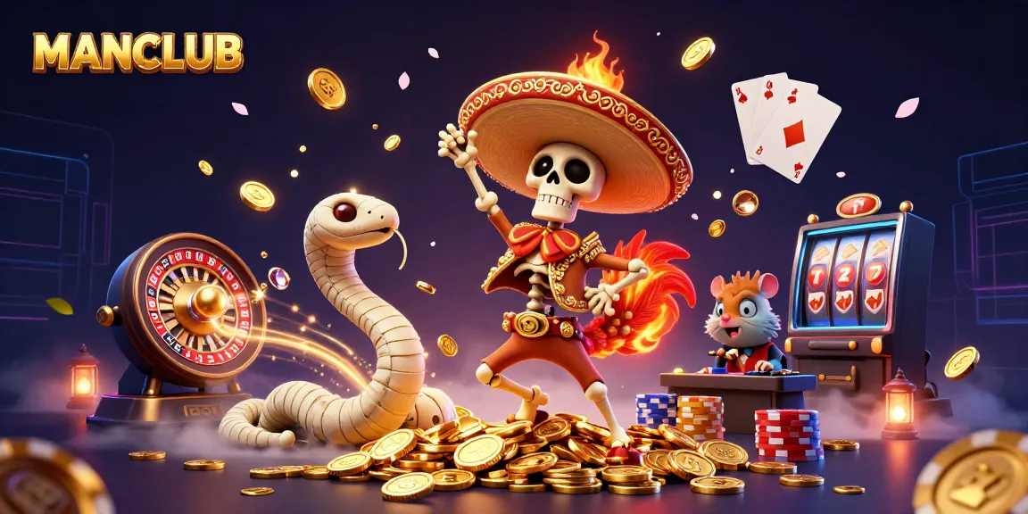 Engage with the exciting gaming world at MANCLUB featuring a lively 3D casino scene with vibrant characters and action.