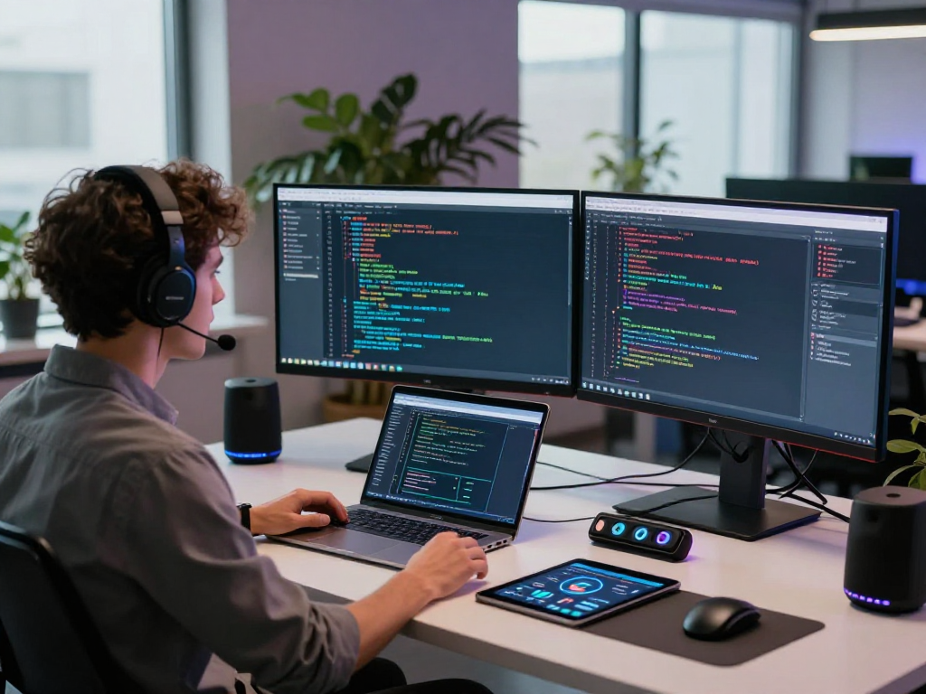 Juicy ai developer analyzing algorithms in an innovative tech workspace with ambient lighting.