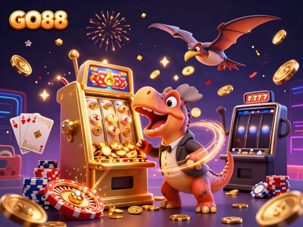 Watch GO88's pachycephalosaurus score a jackpot, surrounded by golden coins and vibrant casino elements.