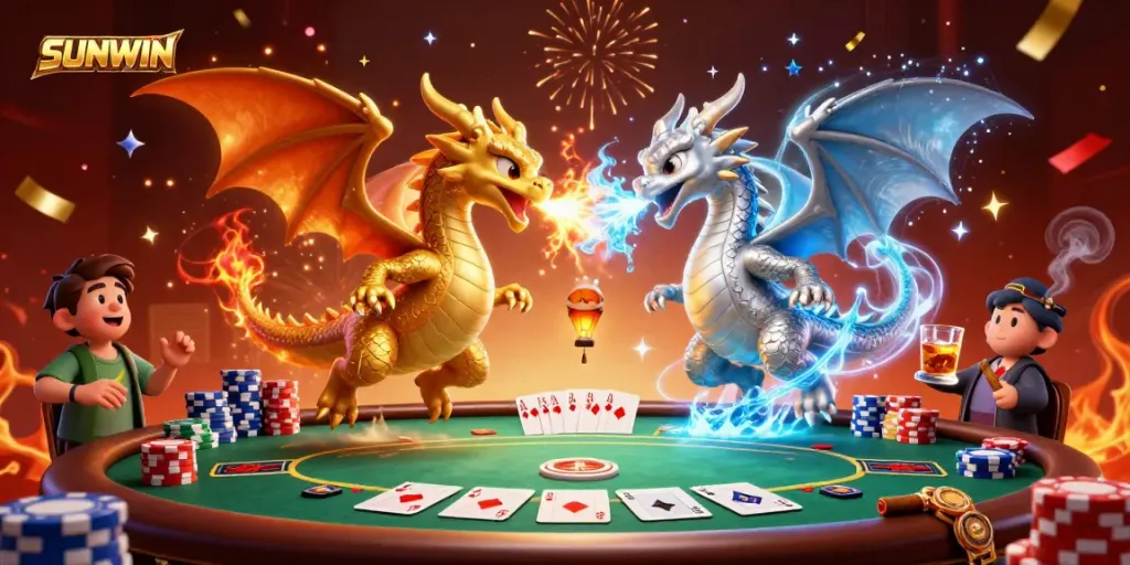 SUNWIN showcases thrilling casino action with golden and silver dragons amidst poker excitement in vibrant celebration.