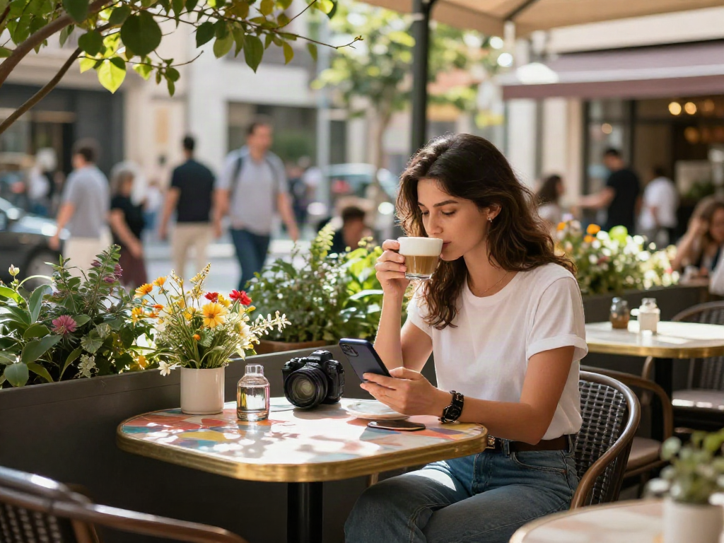 A stylish young woman enjoying coffee at a café, symbolizing the vibrant lifestyle surrounding נערות ליווי ברמת גן.