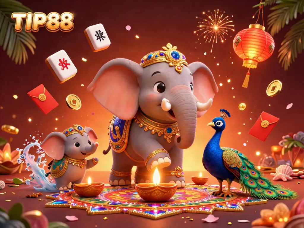 Experience thrilling gaming with TIP88 as vibrant casino games and lucky symbols fill this colorful 3D scene.