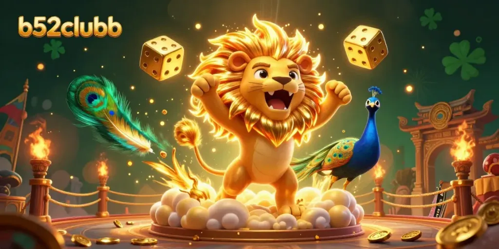 Experience the thrill of games at b52clubb with a vibrant 3D illustration depicting a roaring lion, golden dice, and more!