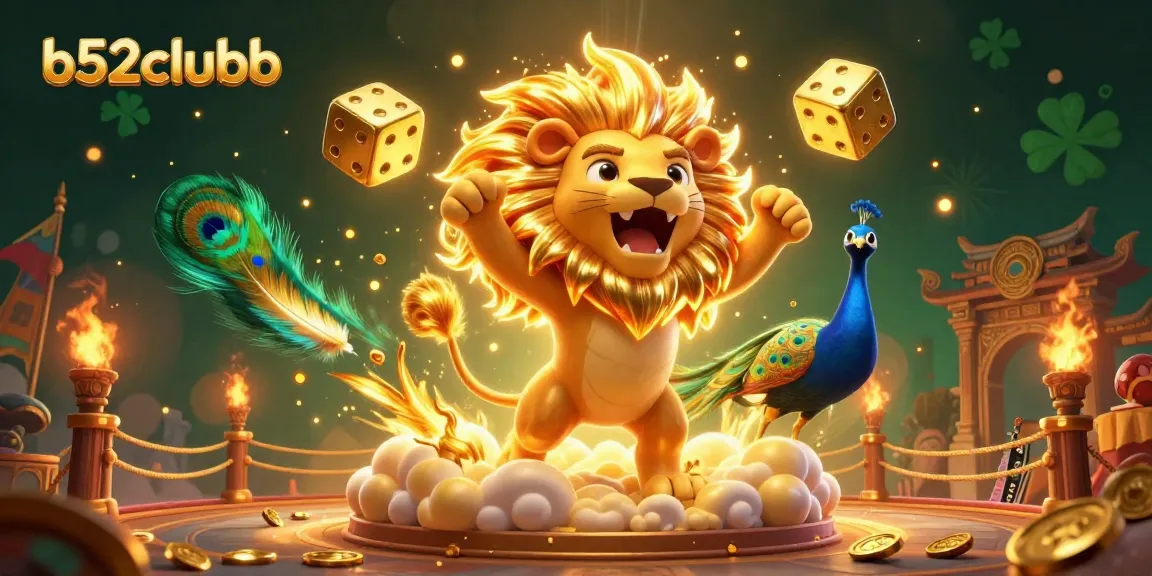 Experience the thrill of games at b52clubb with a vibrant 3D illustration depicting a roaring lion, golden dice, and more!