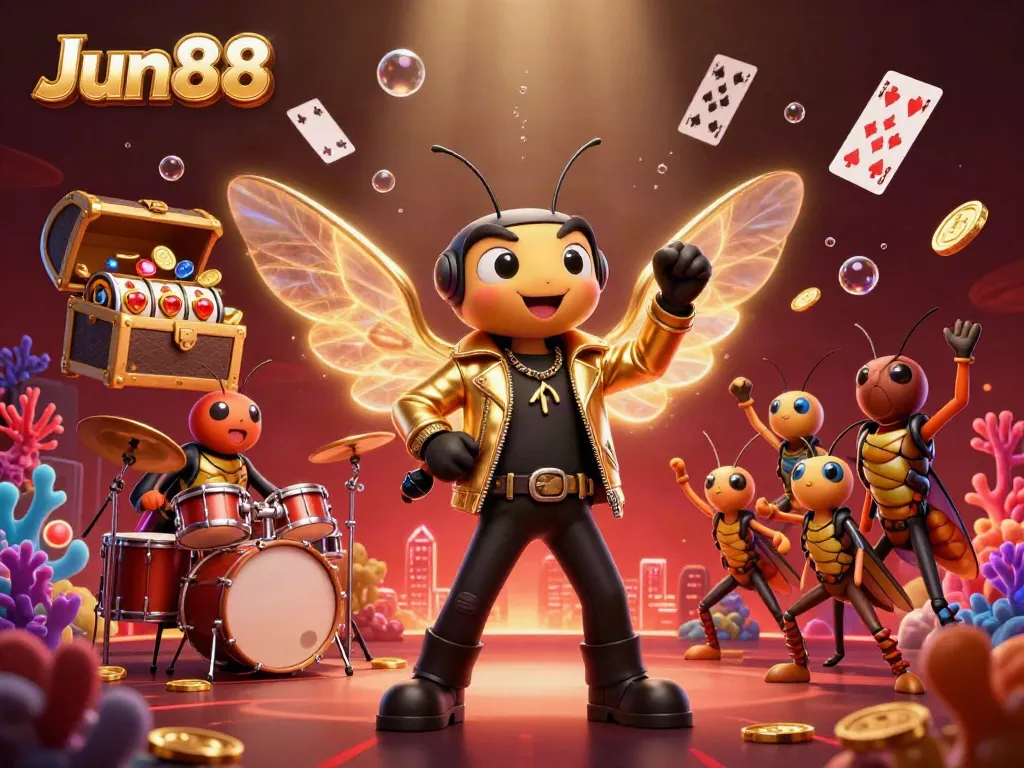 Experience Jun88's thrilling casino scene with a cicada rock star and vibrant game elements.