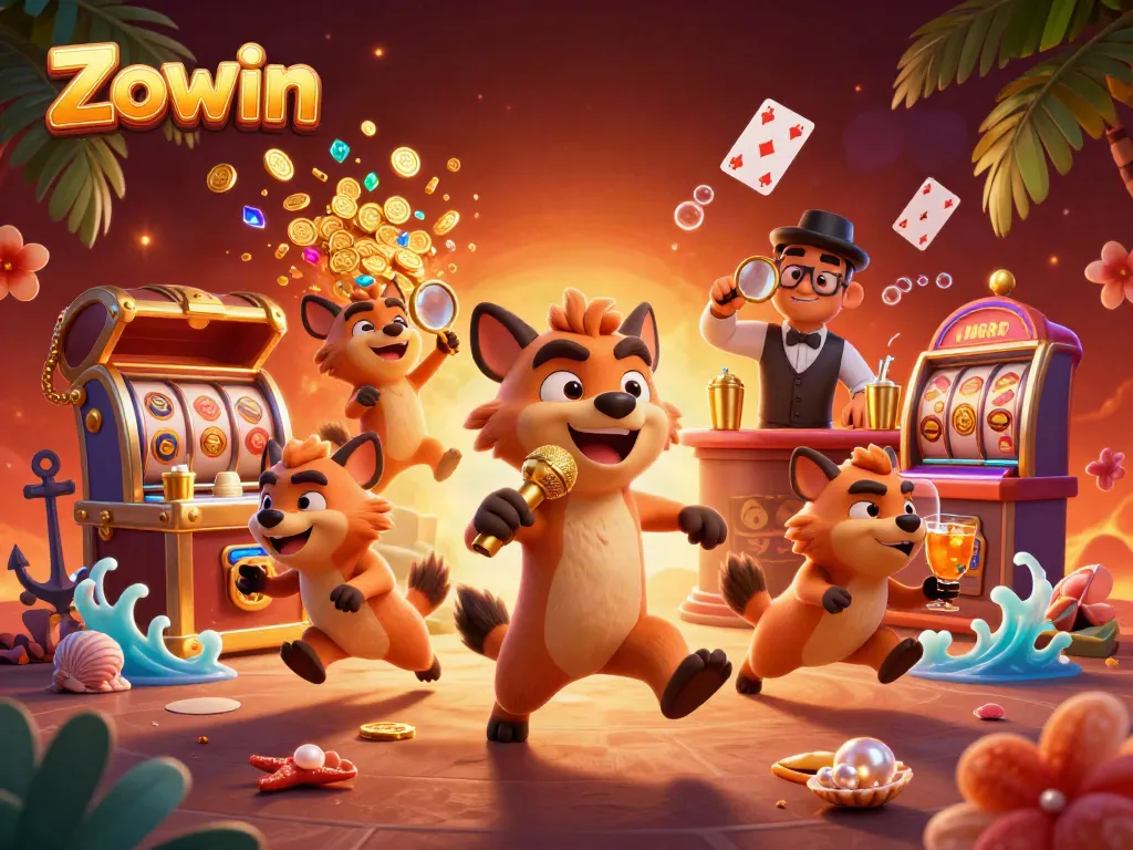 Zowin hyenas hosting a lively comedy casino scene with slot machines and sparkling treasures.