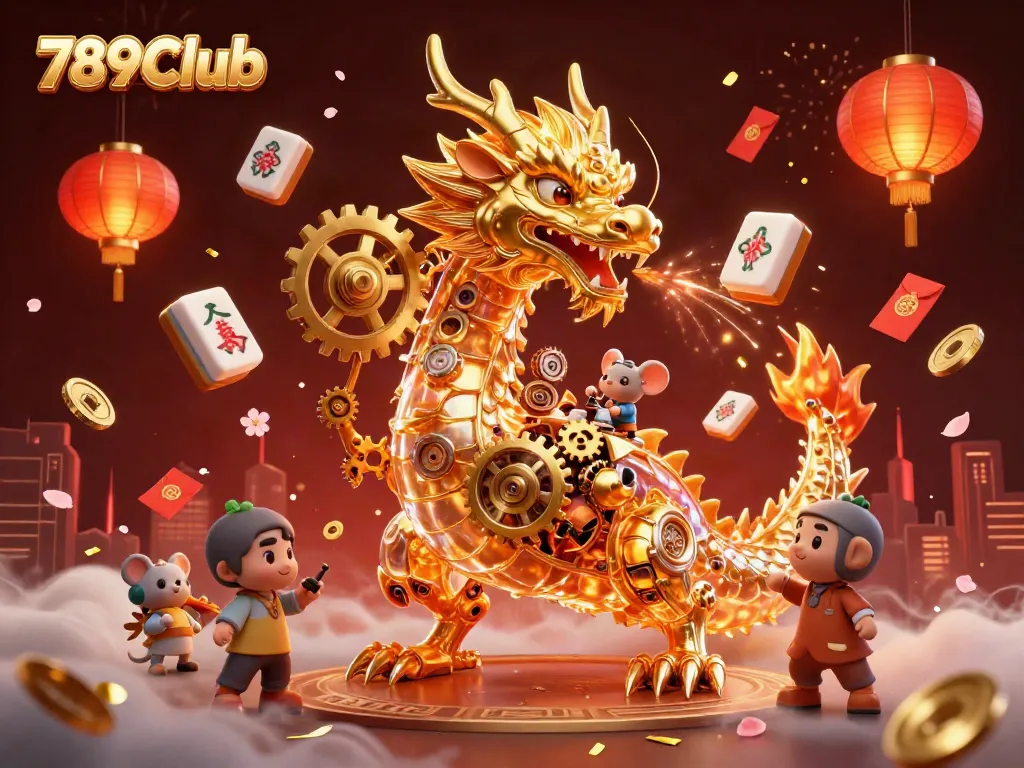 Experience the thrilling gaming world of 789Club with a detailed 3D dragon and dynamic casino elements.