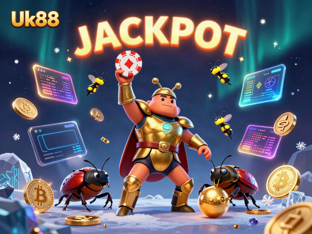 Experience Uk88 with a victorious hero beetle in a vibrant casino scene, celebrating jackpot wins!