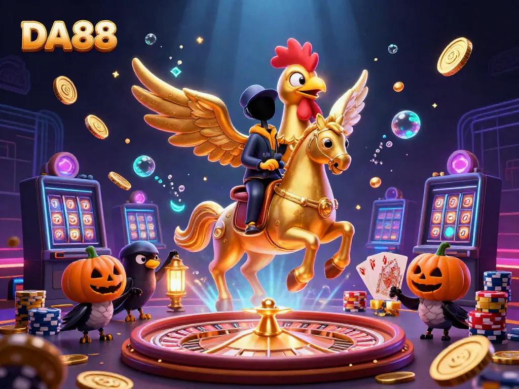 DA88 embodies exhilarating casino adventure with a golden rooster riding through a vibrant scene.