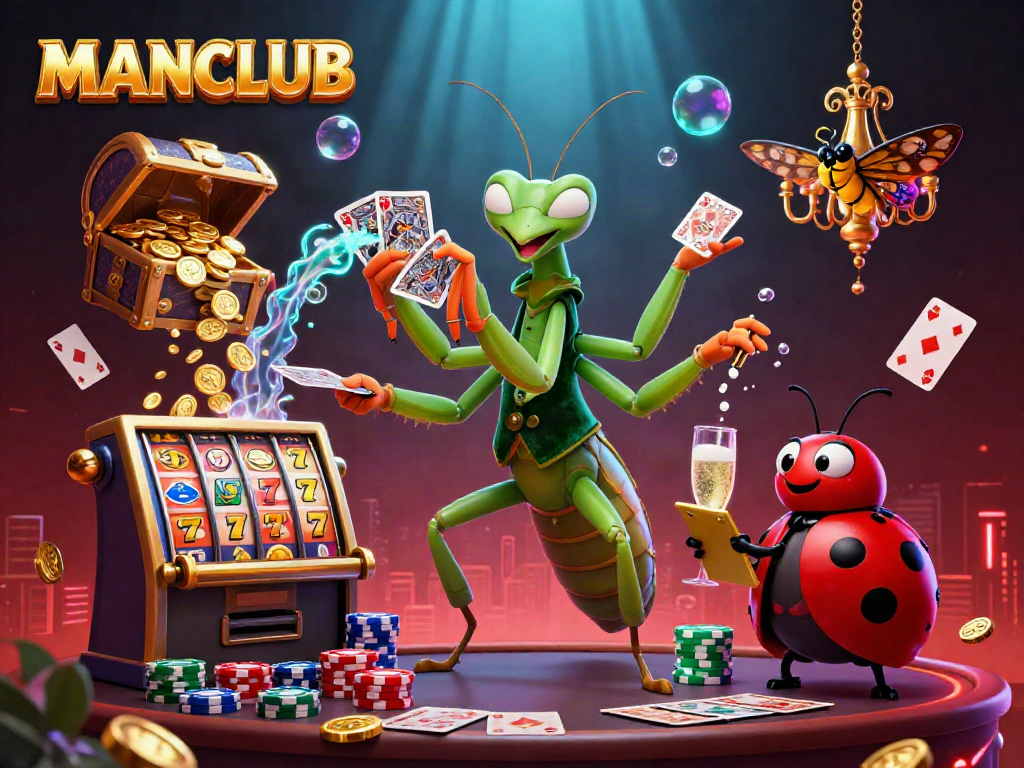Experience MANCLUB excitement with a giant mantis and ladybug in a vibrant casino scene.