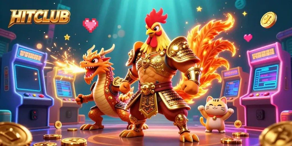 Experience HITCLUB's dynamic gaming world with a fierce rooster warrior, a dragon hatchling, and fortune cat.