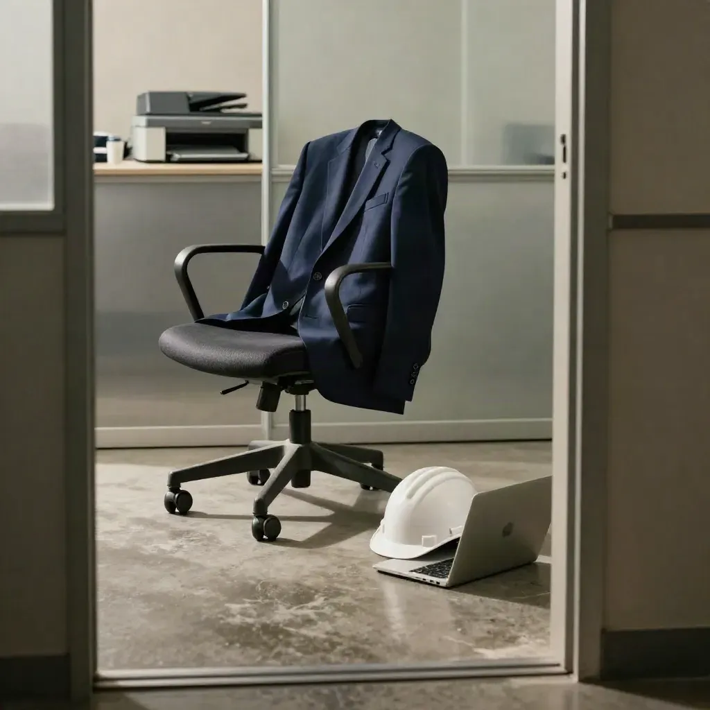 Sedia da ufficio, giacca, casco e laptop chiuso su pavimento in cemento di un ufficio legale