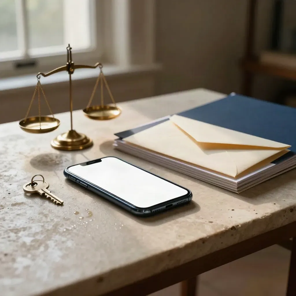 Smartphone acceso su tavolo di pietra con bilancia, buste e cartelle legali.