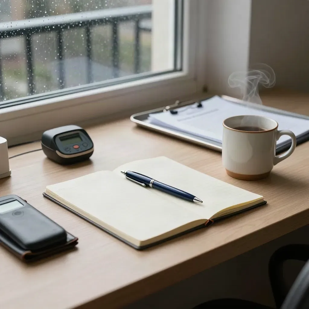 Notepad, penna e telefono su scrivania vicino alla finestra con pioggia sul vetro