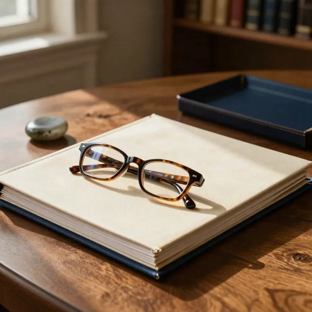 Cartella legale chiusa, occhiali e peso in pietra su tavolo di noce, luce calda del pomeriggio.