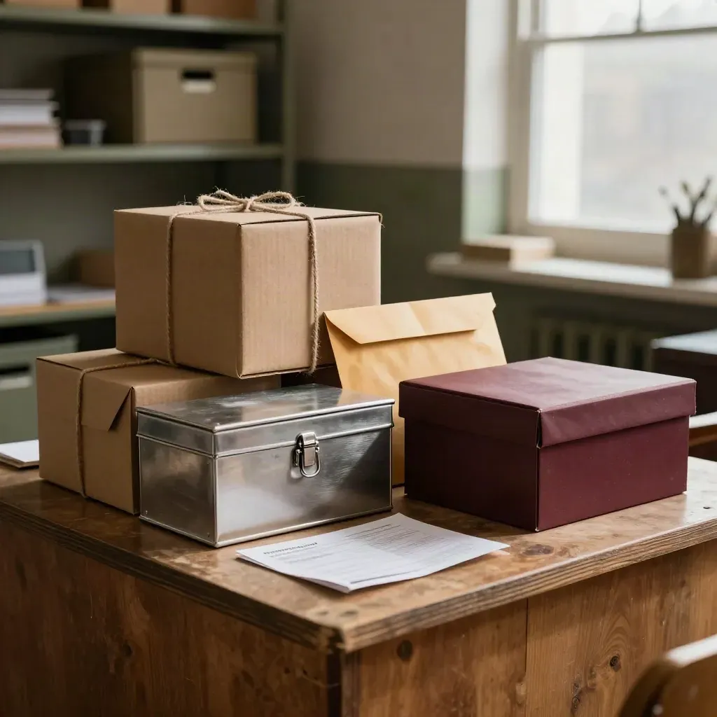 Back office con scatole, cassa metallica e busta sigillata alla luce del tramonto.