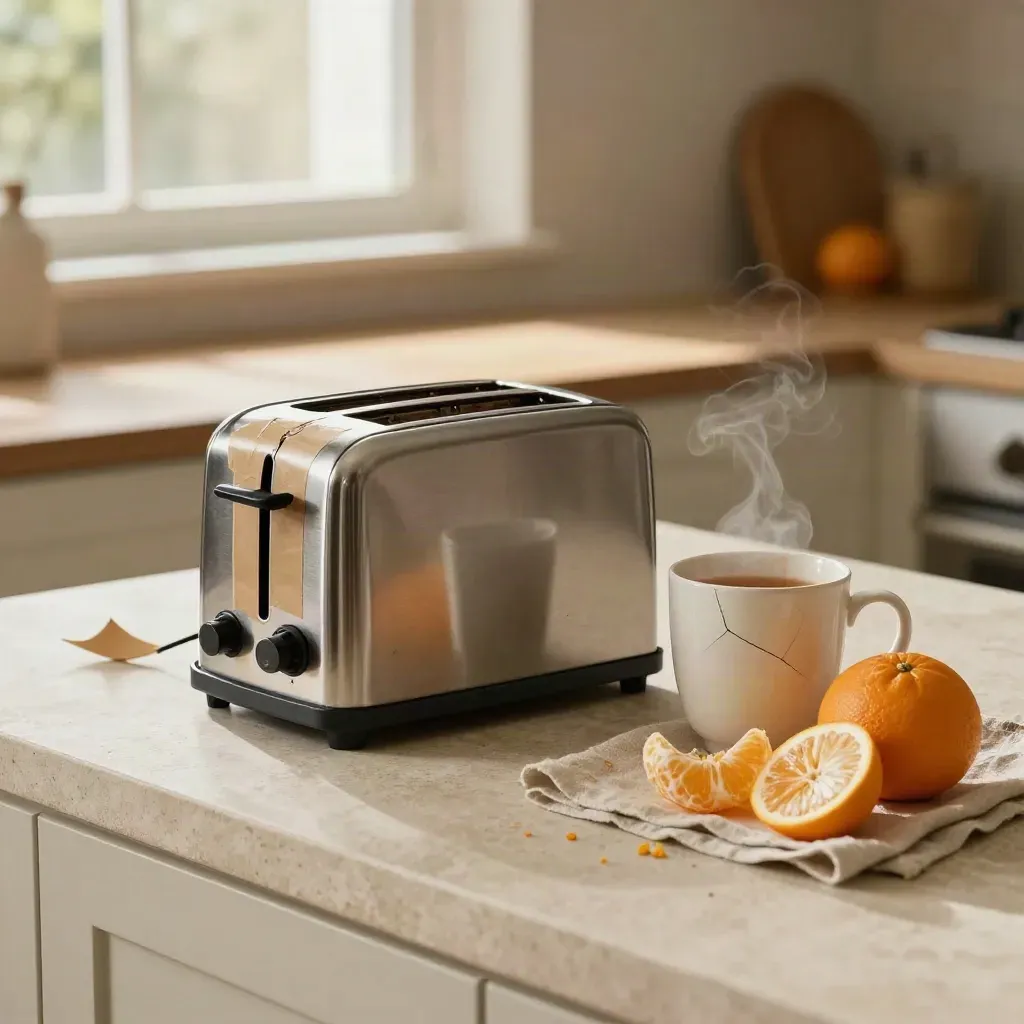 Cucina luminosa con tostapane, pacco sigillato, tazza crepata e agrumi sul bancone.