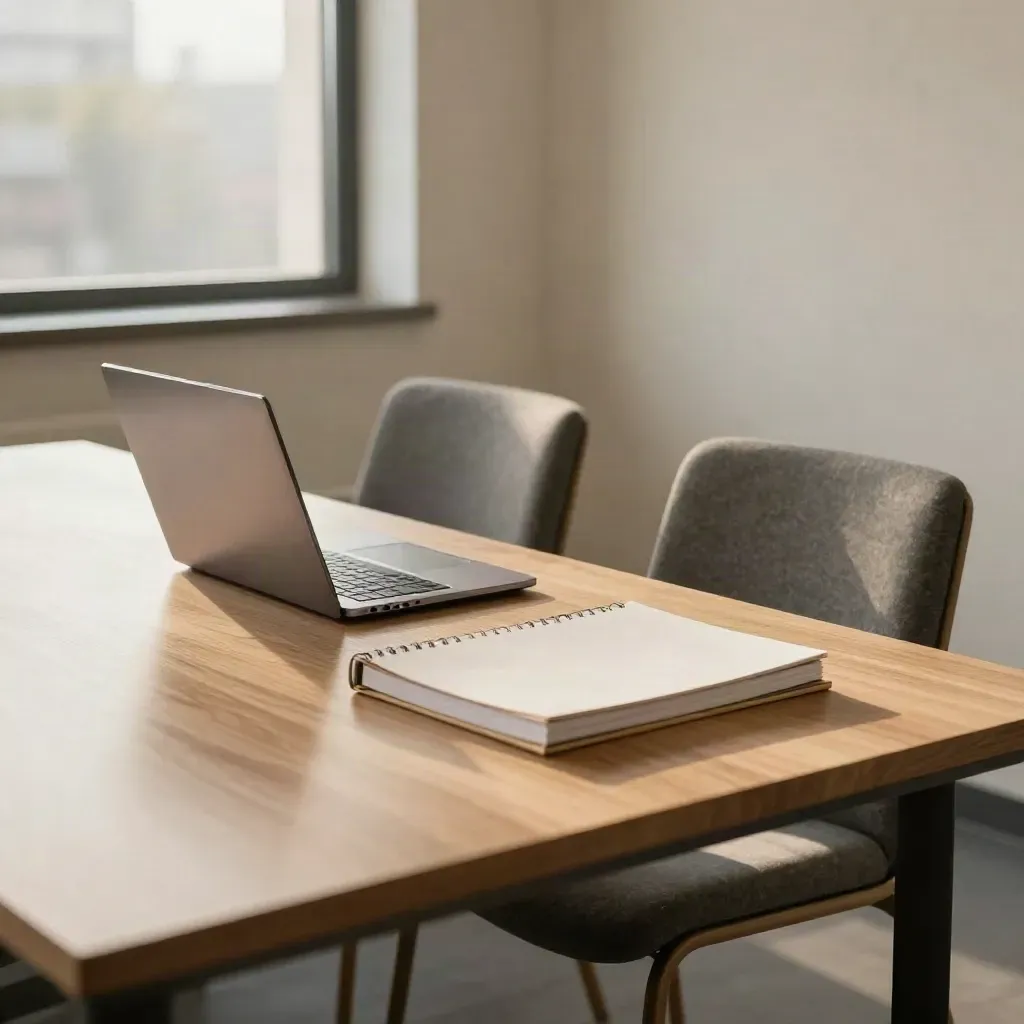 Sala riunioni con laptop chiuso, raccoglitore e sedie allineate in luce calda.