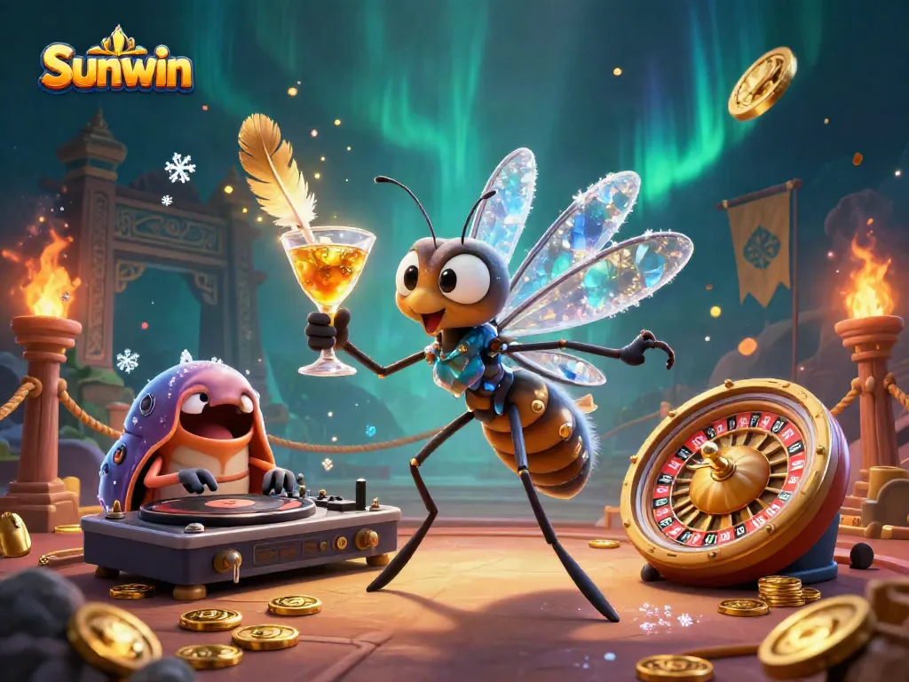 Engage with Sunwin as a vibrant casino mascot and trilobite DJ in a dynamic gaming scene.