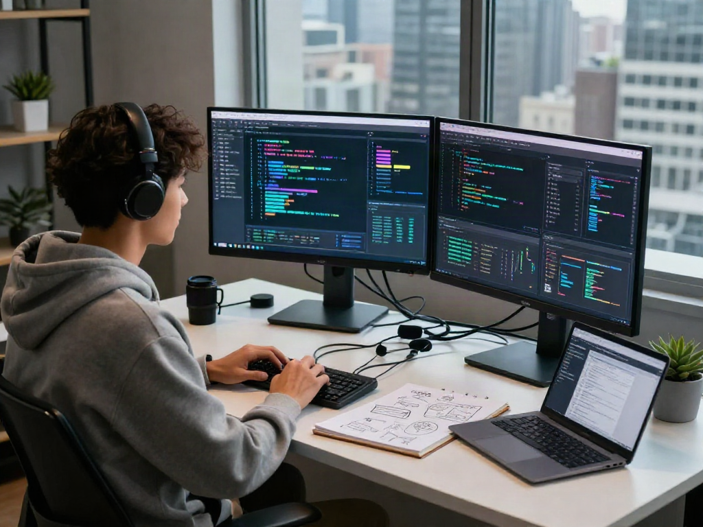 Tech workspace with AI programming tools and cozy atmosphere, ideal for discussing ai gf solutions.