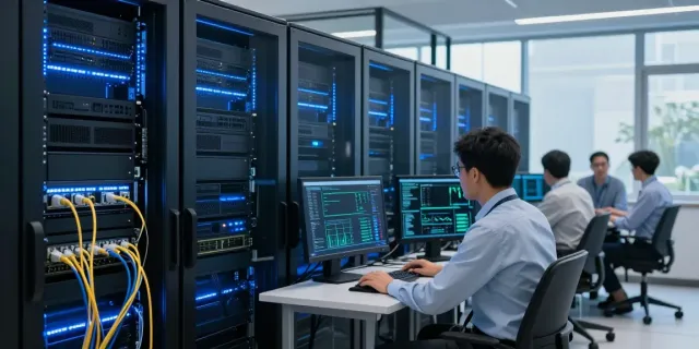 rokok88 server infrastructure modern data center with professionals monitoring performance