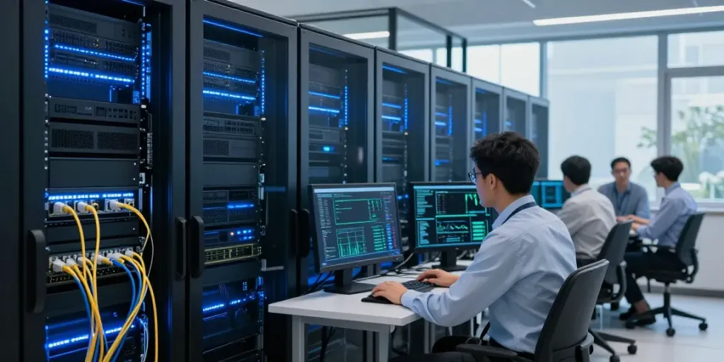 rokok88 server infrastructure modern data center with professionals monitoring performance