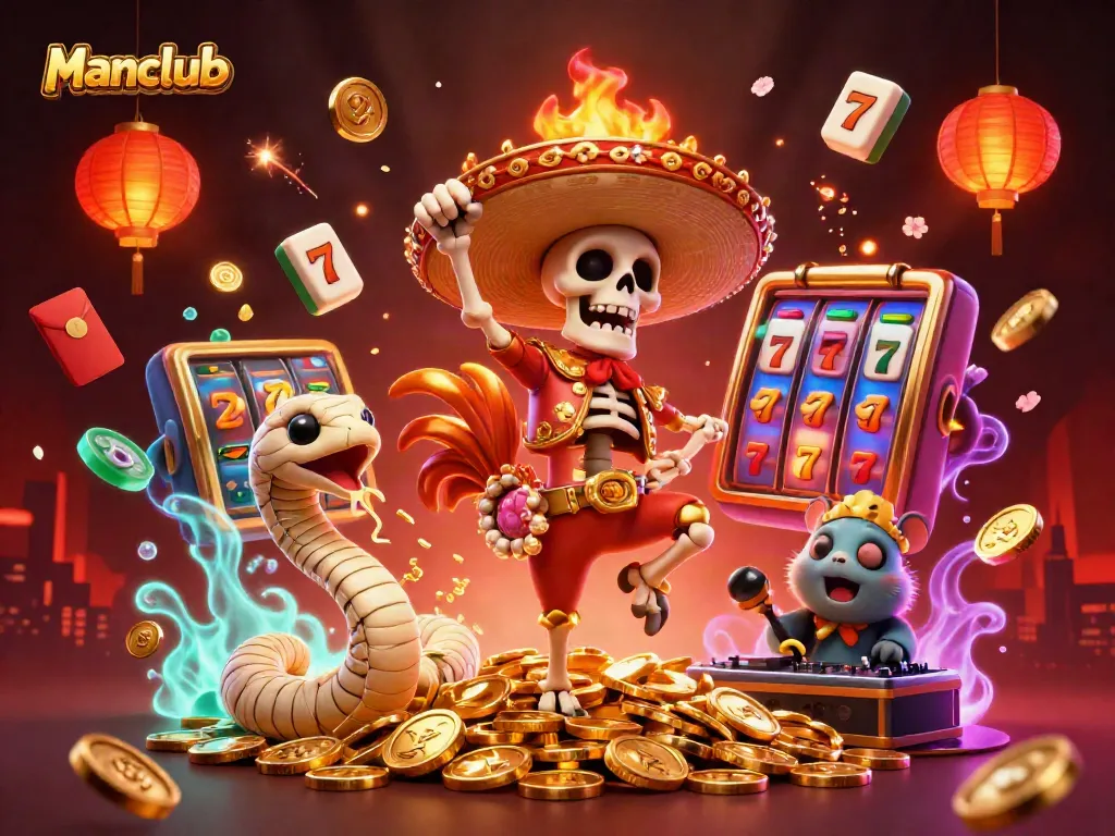 Manclub showcases an exciting victory dance in a vibrant casino scene filled with slot reels and lucky symbols.