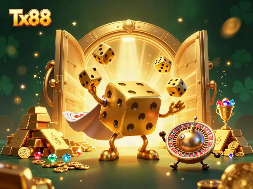 Experience the excitement of Tx88 with golden dice, treasure, and a dynamic casino scene.