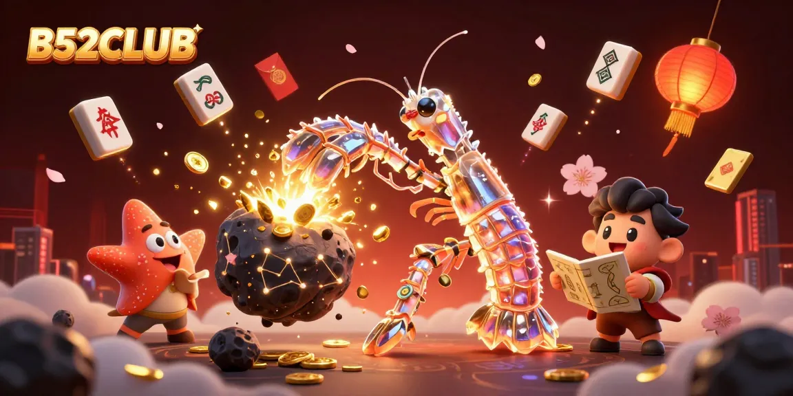 Experience the thrill of B52CLUB with a galactic samurai mantis shrimp surrounded by gold coins and festive elements.