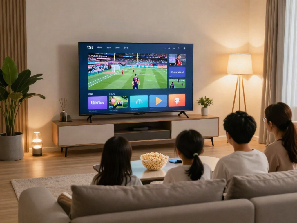 Family enjoying abbonamento iptv in a modern living room, bright and cozy atmosphere.