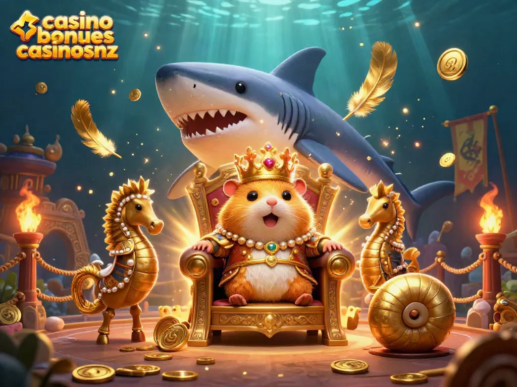 Experience thrilling casino bonuses casinosnz illustrated with a golden hamster king and lavish casino elements.